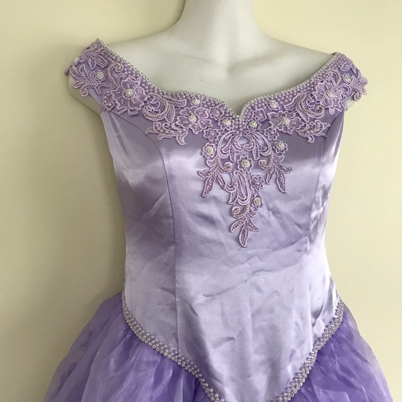 Purple Satin & Tulle Beaded Rhinestone Prom Dress Princess Ballgown Cosplay - Picture 2 of 5